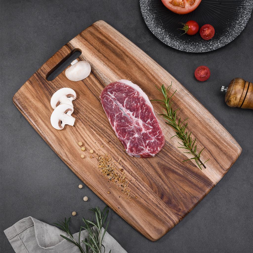 Massives Holzschneidebrett, Holzhackblock, Steak-/Brotzubereitungsbrett, rechteckig, natürlicher Akazienholz-Schneideblock