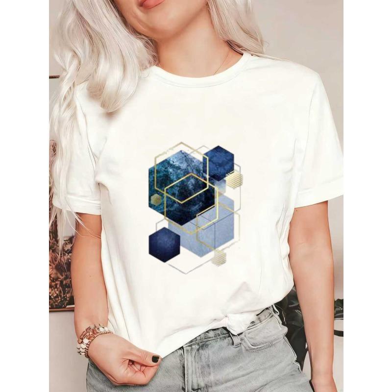 

Женская футболка с коротким рукавом с сине-золотым геометрическим 3D лоскутным принтом в виде шестиугольников XXXXL белый