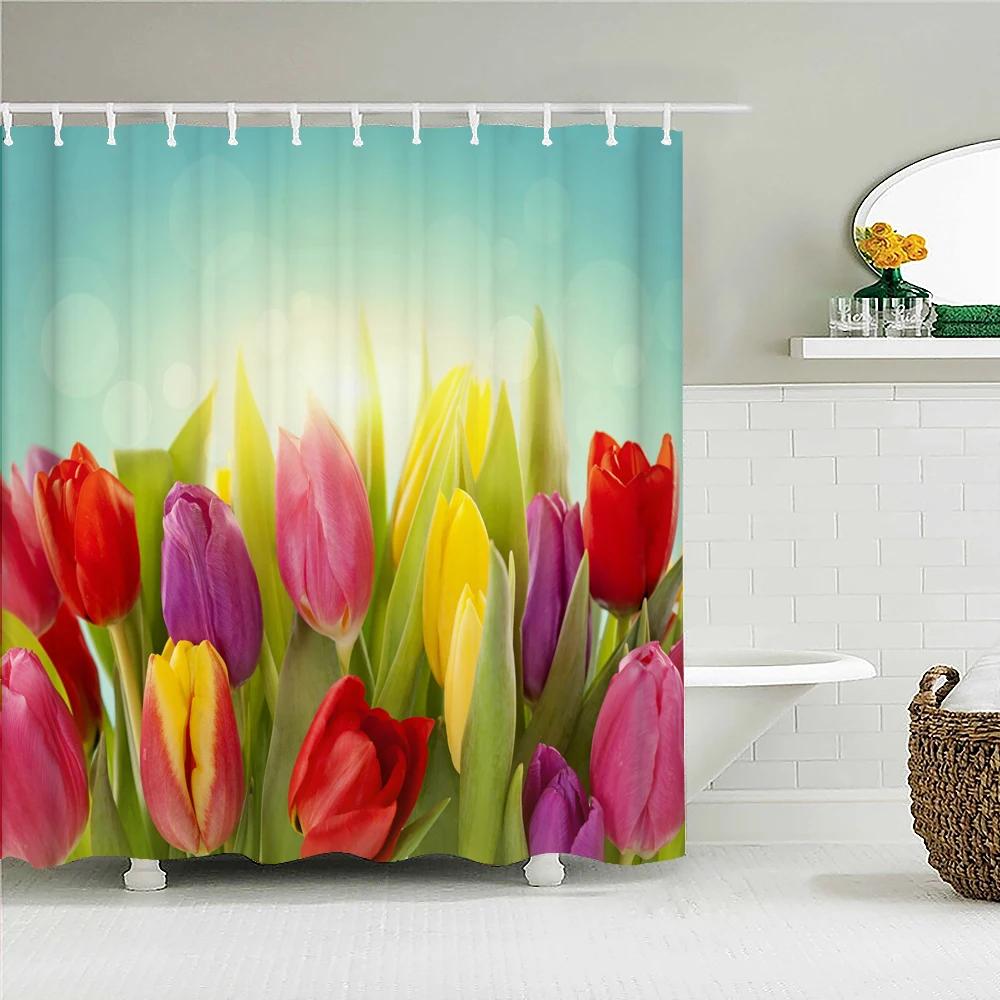 Colorful Tulip Flowers Shower Curtains 3D Beautiful Flower Print Bath Curtain Waterproof Fabric With Hooks Bathroom Decoration