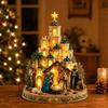 Resin Nativity Church Tower Figurine Warm LED Light Christmas Tabletop Decoration Religious Ornament Gift