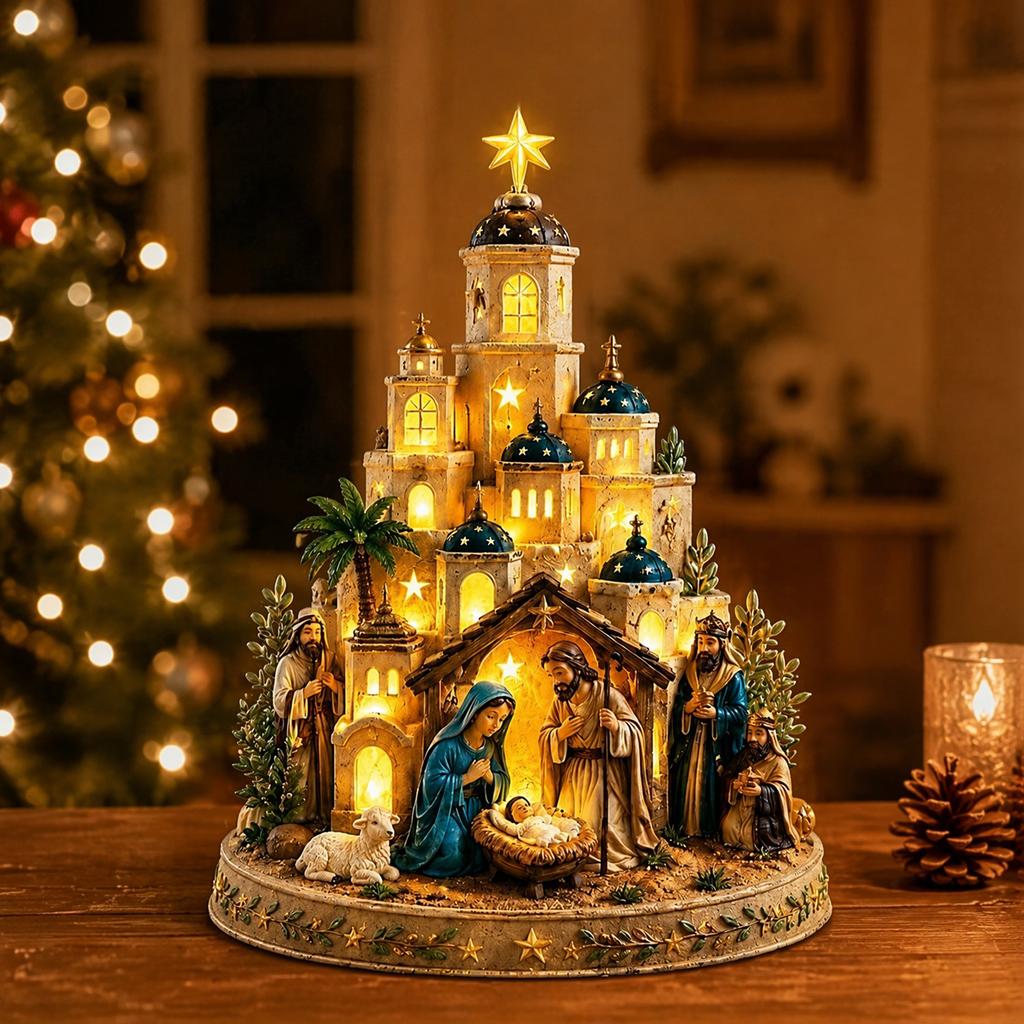 Resin Nativity Church Tower Figurine Warm LED Light Christmas Tabletop Decoration Religious Ornament Gift