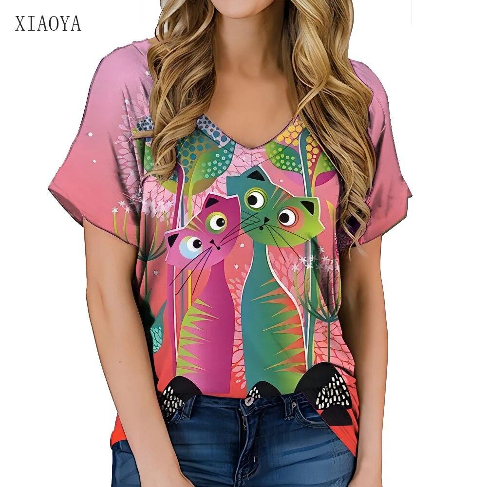 Fashionable Women's Clothing V-neck Kitten Print T-shirt Street Hot Selling Homestay Casual Top Summer Personalized Women Shirt