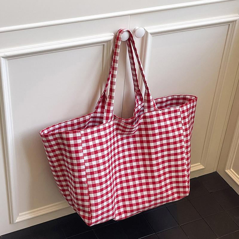 Large Capacity Plaid Women's Canvas Shoulder Bags Simple Commuter Female Shopping Bag College Girls Book Tote Travel Handbags
