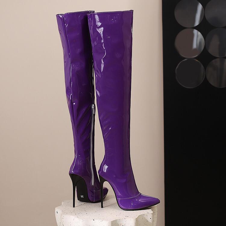 

Модные новые сапоги выше колена сладких конфетных цветов на высоком каблуке 12 см, женские модные сапоги-чулки на стальной трубке для танцев, с острым носком и тонким каблуком, размеры 35-48 38