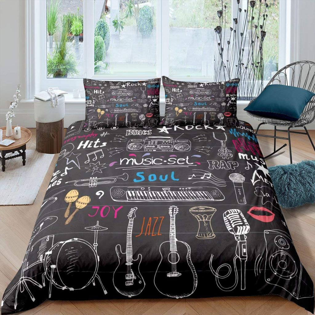 Drum Kit Duvet Cover Sets For Kids Boys Teens Queen Lightweight Quilt Covers Classical Music Bedding Set Room Decor No Comforter