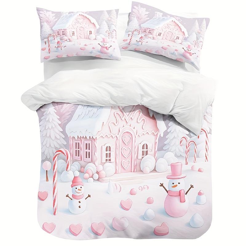 3pcs Christmas print quilt set Gingerbread House Pink Snowman Winter Bedding Soft Cozy Bedclothes Sweet Bedroom Decoration
