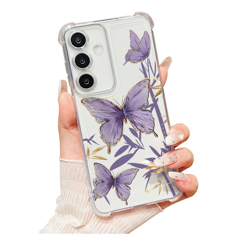 S25 Ultra Case Blue and White Flowers Pattern Clear Soft Cover For Samsung Galaxy S25 Edge S24 Ultra S23 S22 Plus S21 FE Capa Funda