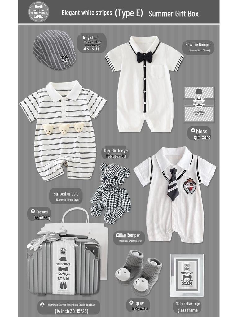 Newborn Baby Boy Gift Box: Off-White & Grey Striped Outfit - High-End Spring Festival Full Moon Collection