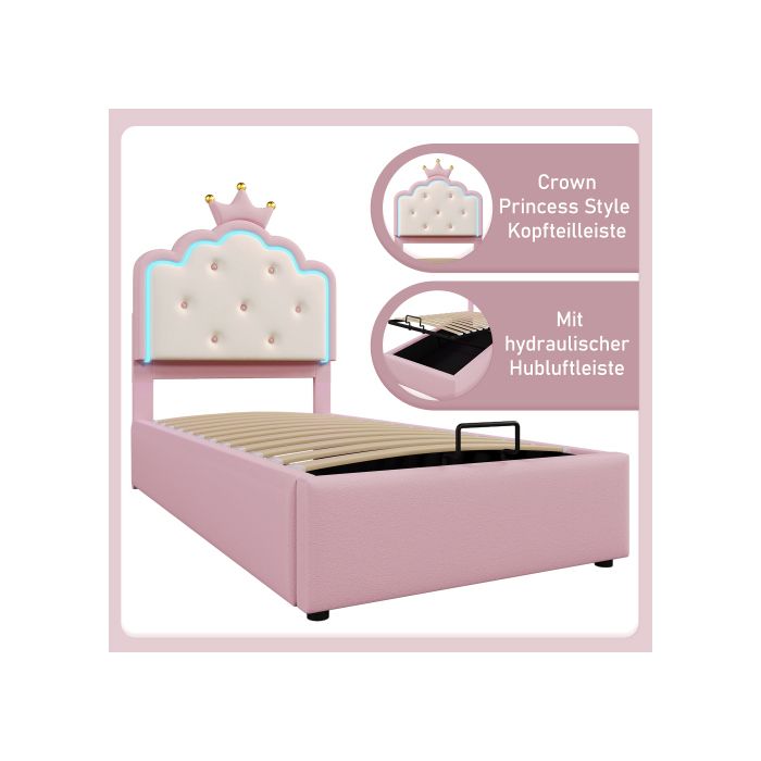 Lit rembourré - MUVOE - 90 x 200 cm - Éclairage LED télécommandé - Rangement hydraulique - Rose