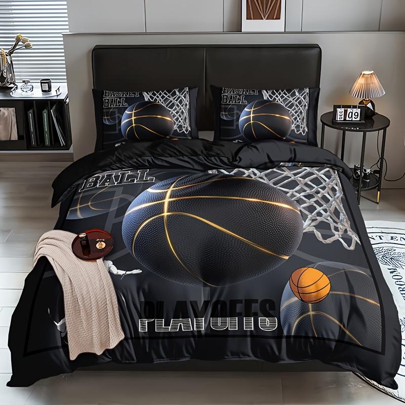 Young Boys Basketbal Print Beding Set Sports Theme Soft Duvet Cover For Children Kids Tens Bal Warm Comforter Cover Balck Bedspread Cover Rom Decor