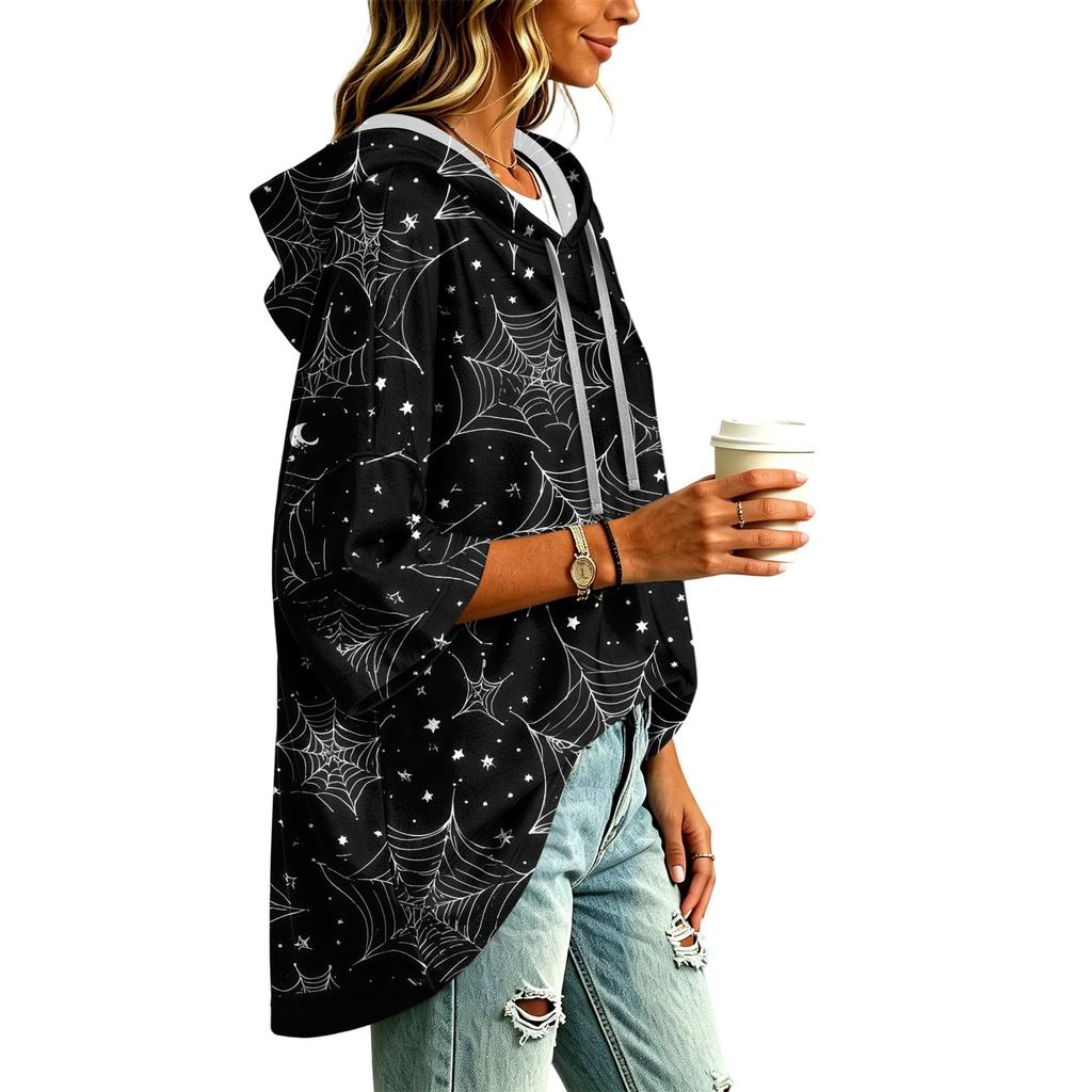 Cadılar Bayramı Baskılı Üç Çeyrek Kollu Kapüşonlu Sweatshirt Üst