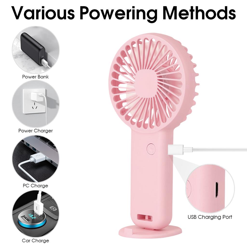 Tragbarer Mini-Ventilator 600mAh USB-wiederaufladbar 3 Modi Mit Handyhalter für Reisen Make-up Wimpern Spaß Kinder Mädchen Frauen