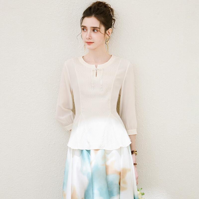TUHUANG New Chinese Style Mulberry Silk 7-Sleeve Tassel Blouse