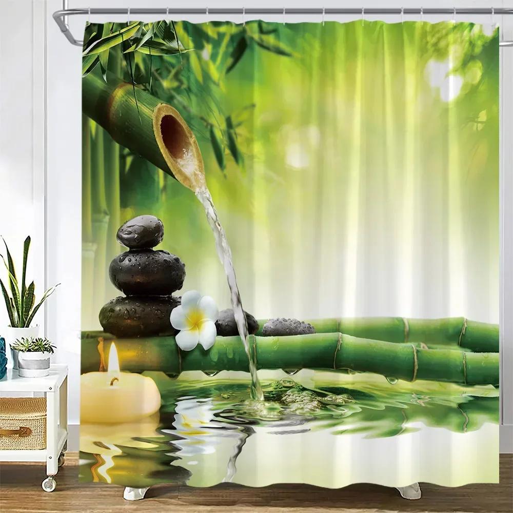 Zen Green Bamboo Shower Curtain Pink Flower Plant Black Stone Spa Garden Scenery Wall Hanging Fabric Bathroom Decor Curtains Set