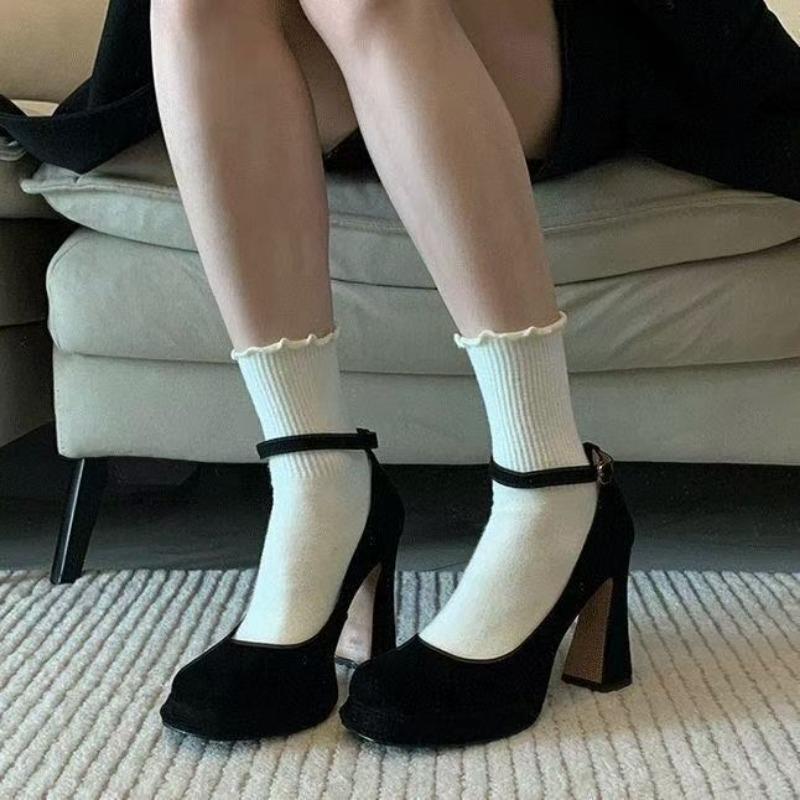 Small Square Head One-word Buckle with High Heels Women's New Spring and Autumn Waterproof Table Thick Heel Heightening Single Shoes