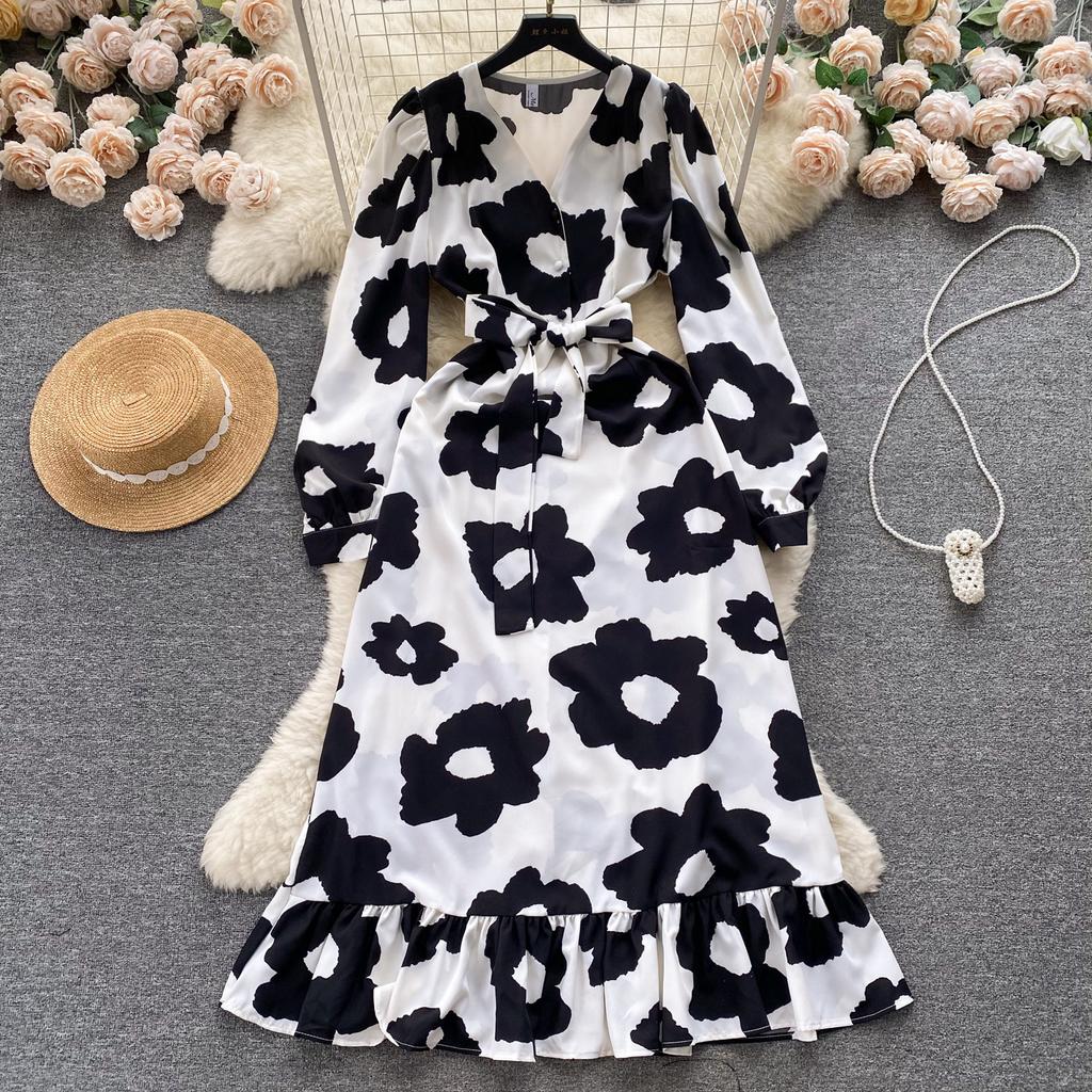 Fashion Flower Print Γυναικείο Φόρεμα Φθινοπωρινό Κομψό Vintage Επίδεσμος Μακρύ μάξι Φόρεμα με βολάν πάρτι Vestidos