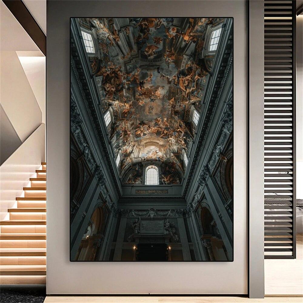 Vintage Renaissance Art Poster Gold and Blue Floral People Inside Temple Prints Canvas Painting for Home Living Room Decoration