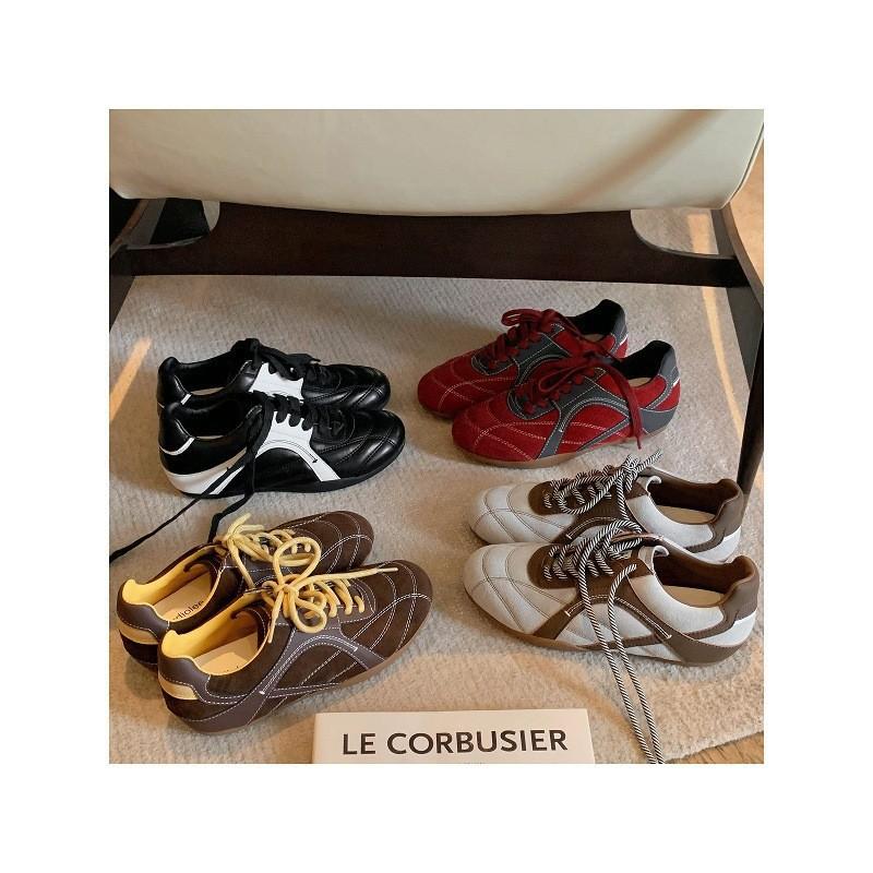 Cowhide version~ grape ma inner height increase 3cm fashionable color scheme lace-up round head splicing German training shoes women's casual spor