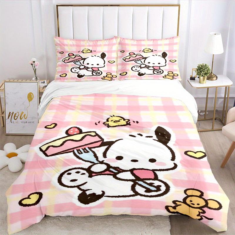3pcs Pink Grid Cake Pochacco Printed Bedding Set, Soft and Comfortable Quilt Cover for Bedroom, Guest Room (1 Duvet Cover + 2 Pillowcases, P