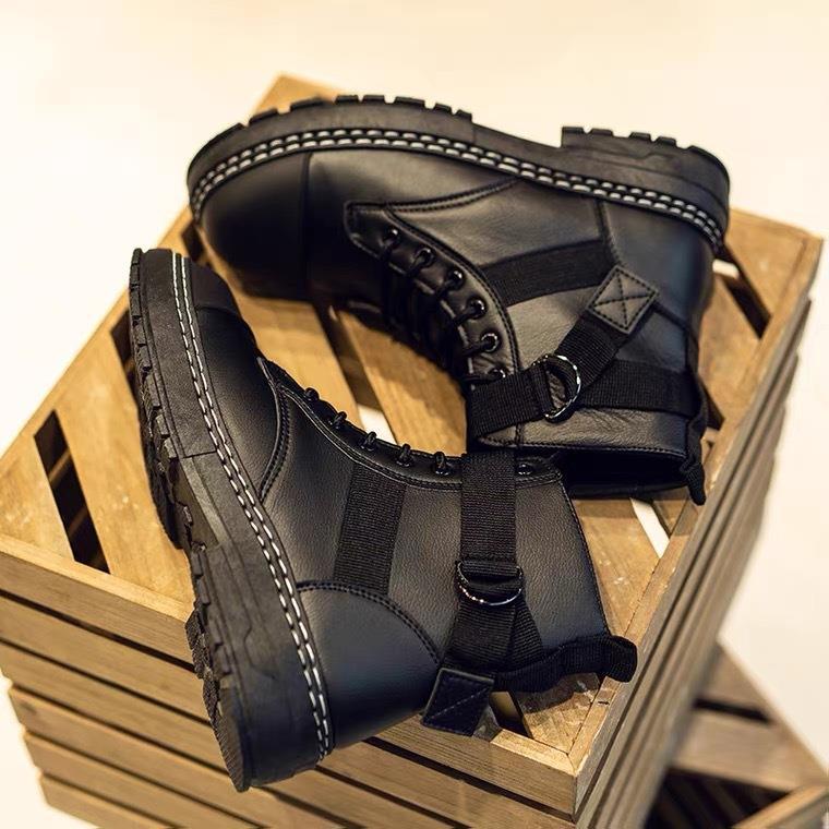 2025 new autumn and winter velvet Martin boots men's platform casual high-top men's shoes tooling boots black leather boots