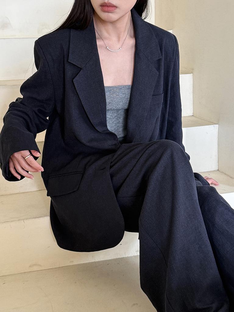 Women's Autumn Cotton Linen Blazer Suit Set with Pants