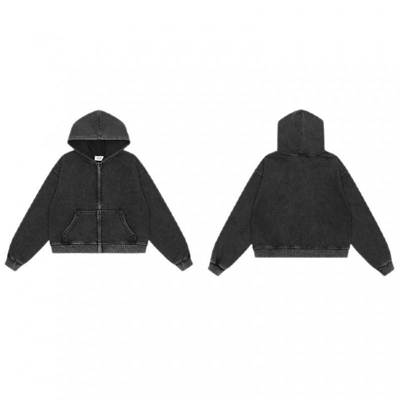 Unisex Oversized Hooded Zip-Up Sweatshirt Vintage American Retro Style Cotton Long Sleeve Casual Top