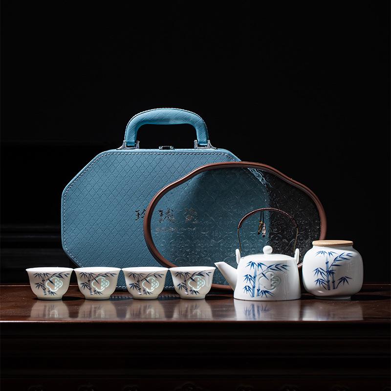 Hand-painted Exquisite Porcelain Octagonal Bamboo Tea Set in Gift Box - Perfect Souvenir for Company Annual Meetings and Outdoor Gatherings