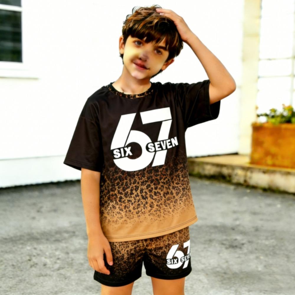 Fashion Leopard 67 Colorful Gradient Printed Kids T-shirt and Shorts 2 Piece Set Summer Casual Outfit for Boy's and Girl's Kids Clothing Top