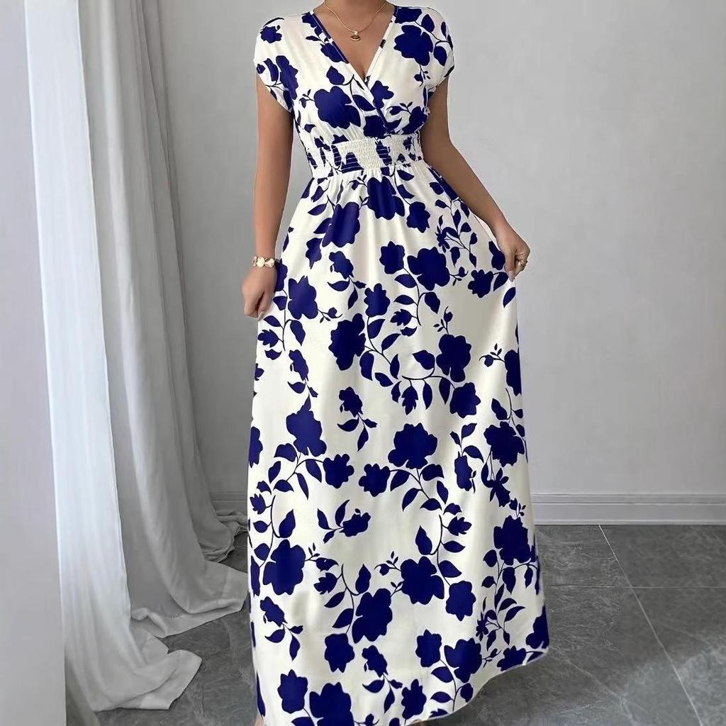 2025 Women's V-Neck Short Sleeve Tie-Up Dress with New Print - Spring/Summer Waist-Cinching Long Dress