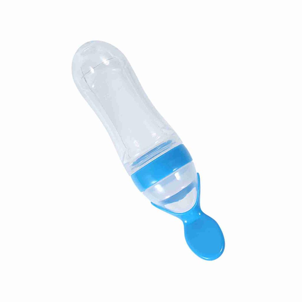 90mL Silicone Baby Toddler Feeding Bottle with Spoon Fresh Food Cereal Squeeze Feeder (Blue)