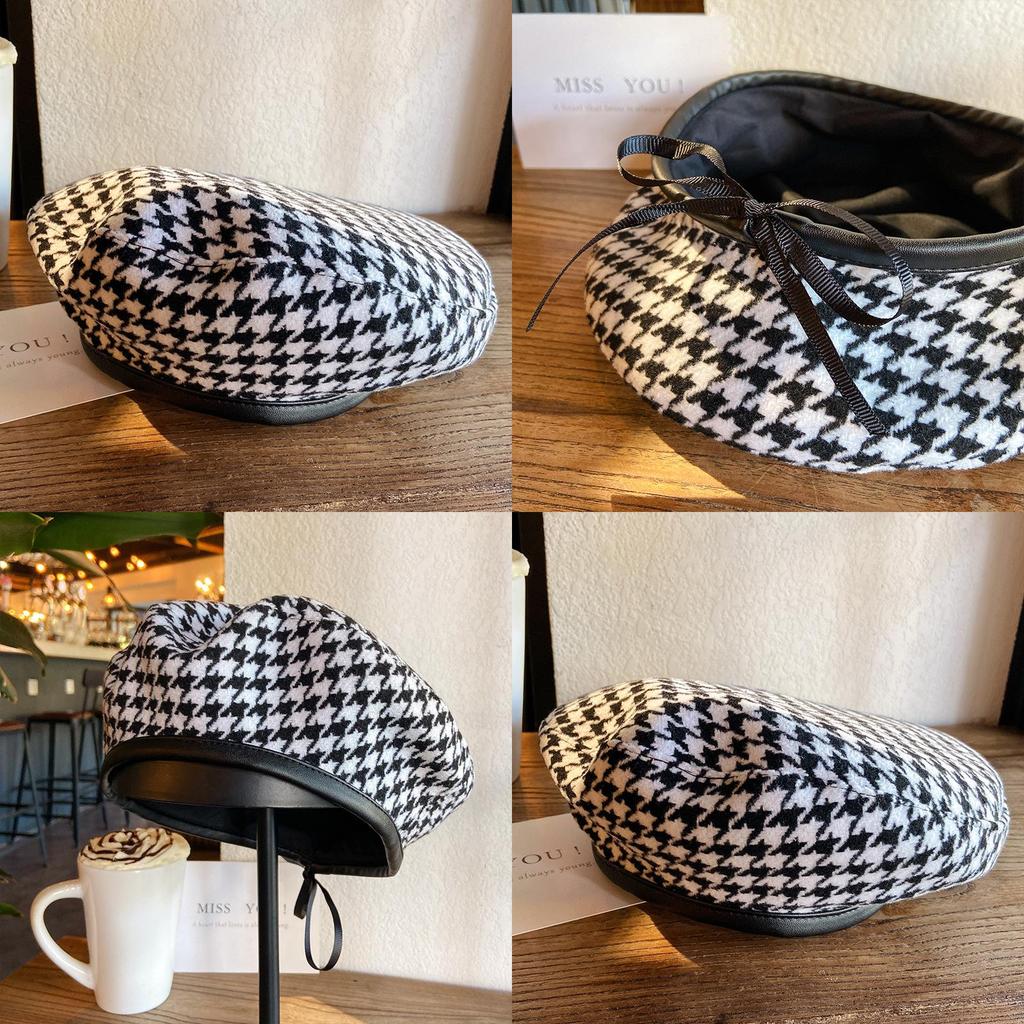 Trendy Designer Houndstooth Beret Flat Top Summer Hat For Women