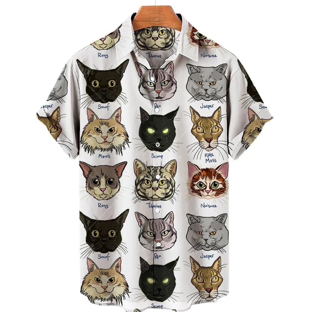 Cute Cat Pattern Print Men Short Sleeve Shirt Summer Men Fashion Loose Shirt Tops