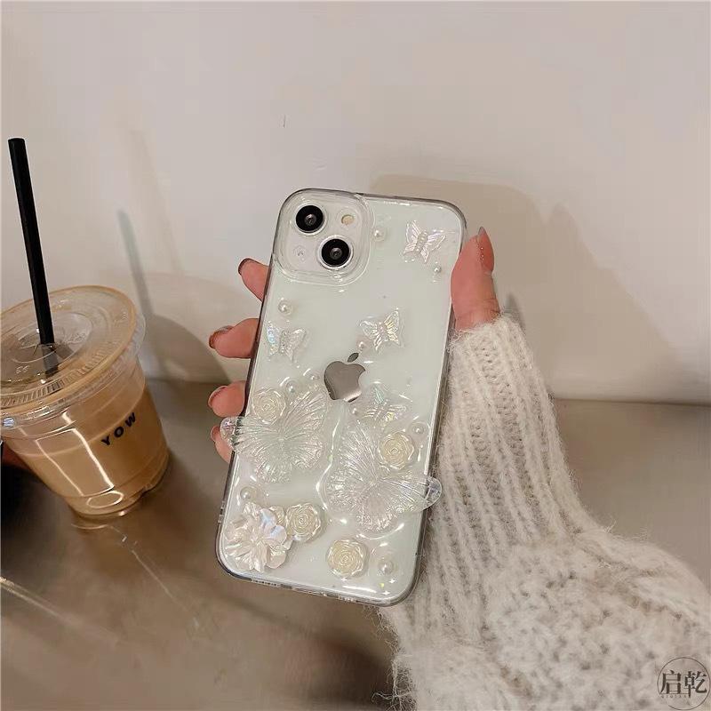 Korean Ins Style Flower Butterfly Mobile Phone Case for IPhone17promax Glue for Apple 16 Transparent Pearl
