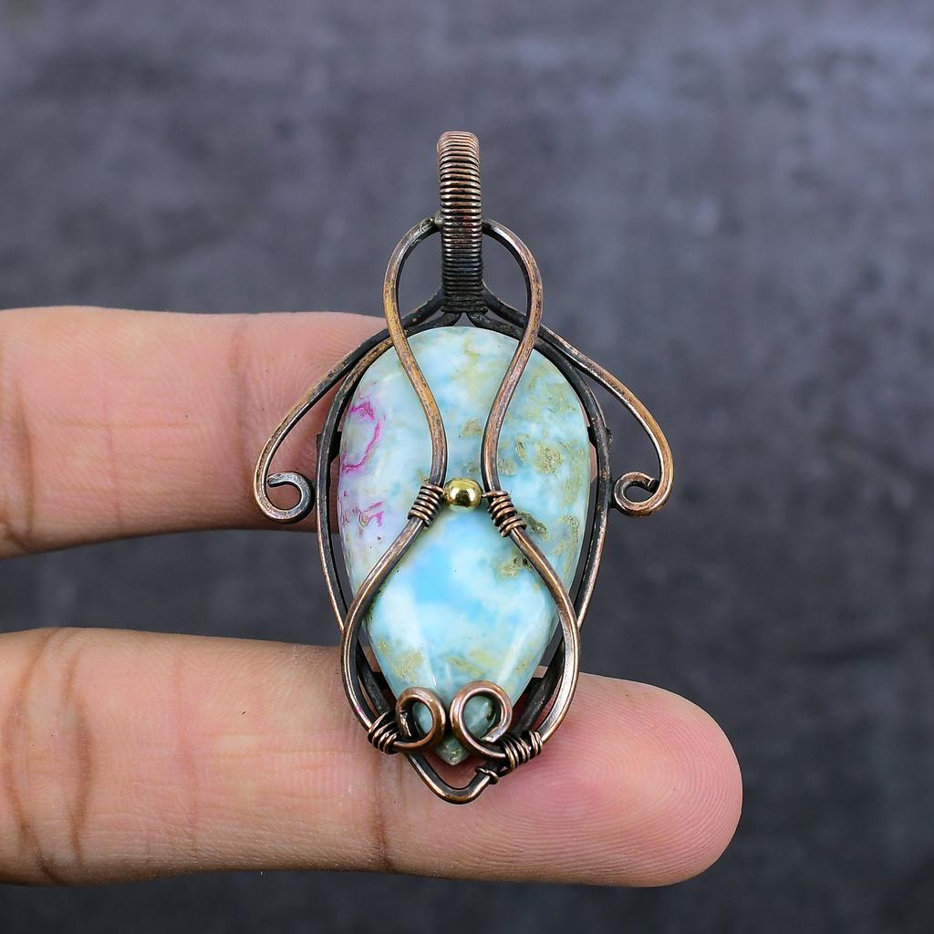 Larimar Handgefertigt Kupferdraht Wicklung Schmuck Anhänger 2,36" B5e34