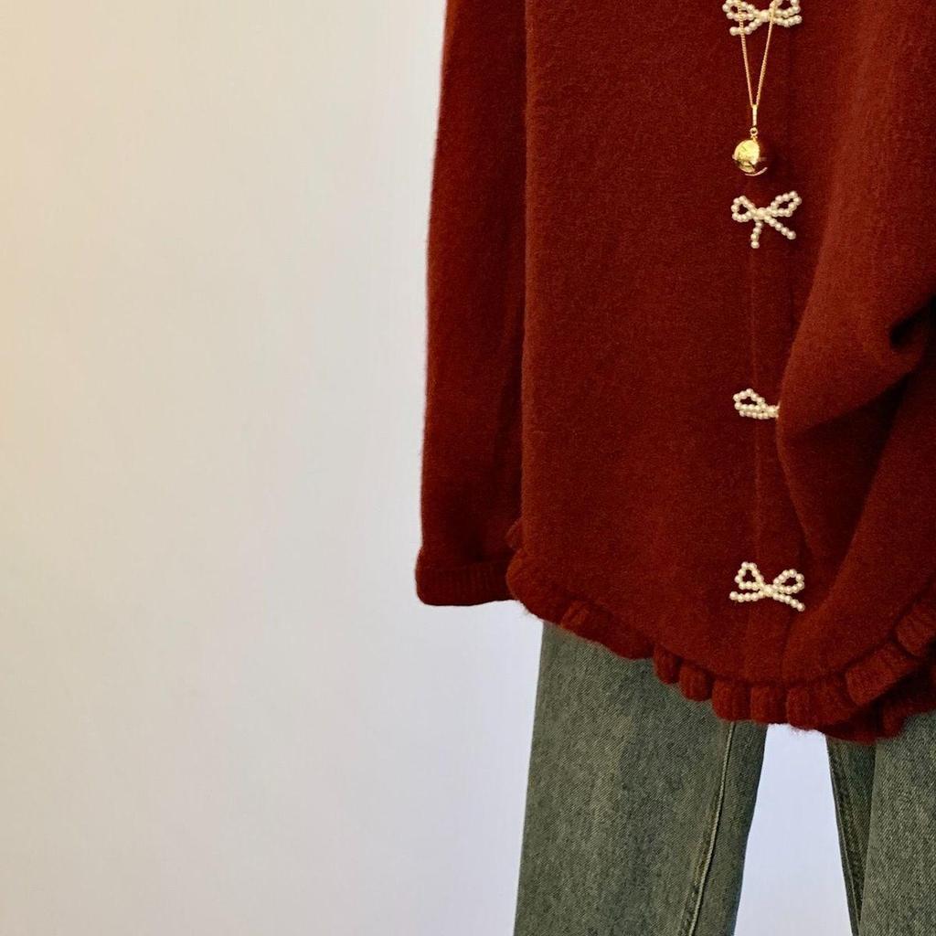 Korean Chic Lace Trim Round Neck Sweater Cardigan with Bow and Ruffle Edges for Women’s Autumn Winter Fashion.