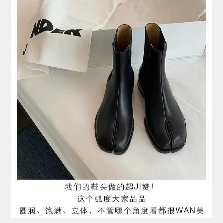 Cowhide Grape Mother Same Niche Medium Tube Elastic Toe Chelsea Boots Women's British Split Toe Short Boots Pig's Trotter Boots