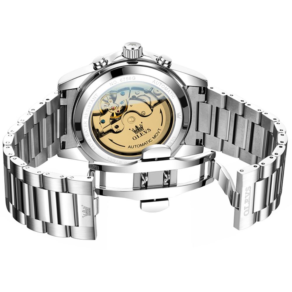 OLEVS Men Automatic Wristwatch Tachymeter Bezel Moon Phase Week Month Date Display Stainless Steel Waterproof Sport Watch