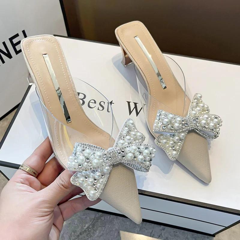 Fashion Sweet Shoes for Women Lovely Slippers Women Basic Slides Strange High Heels Solid Pointed Toe Butterfly-knot Summer Slippers
