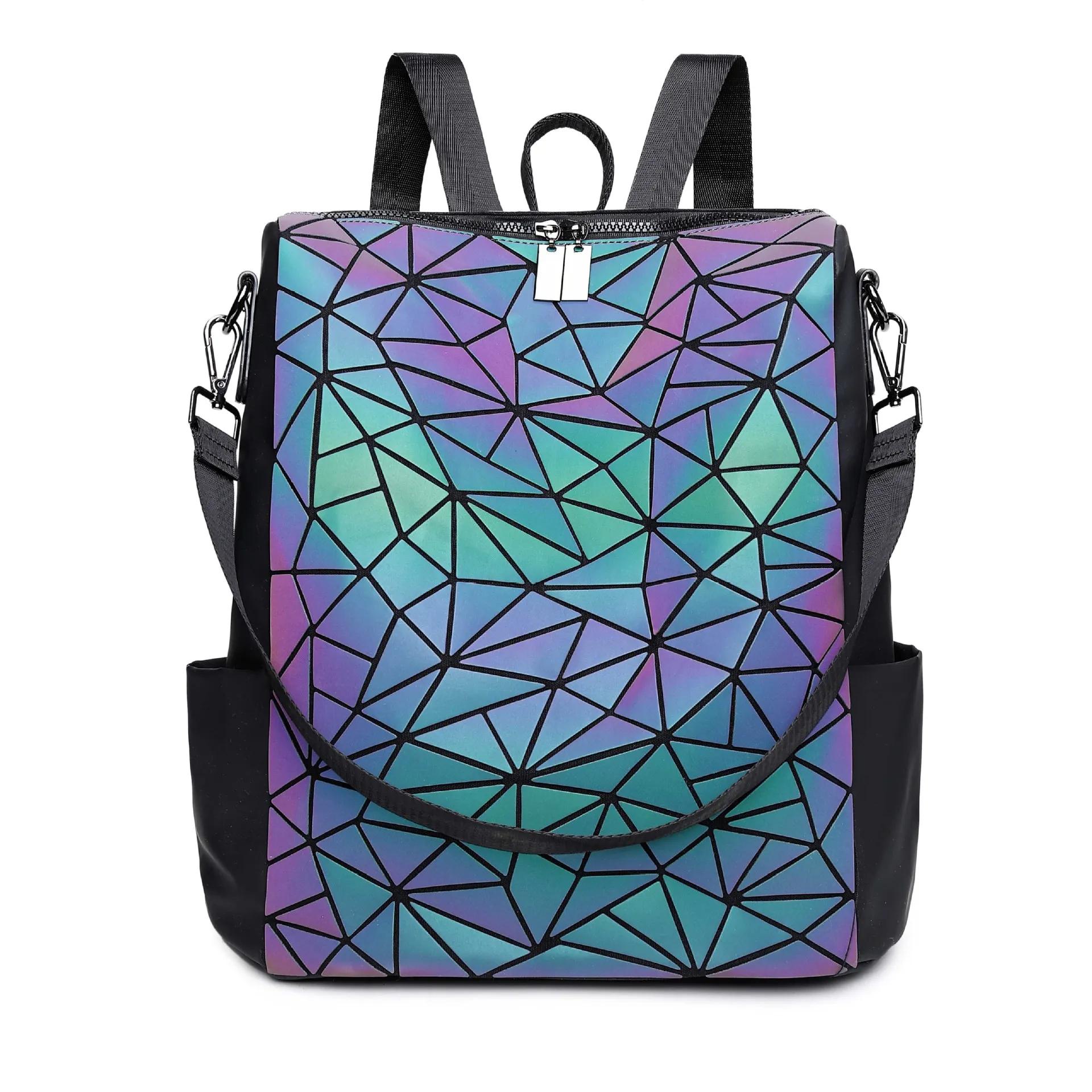 Fashion Women Holographic PVC Geometric Luminous Backpack School Travel Bag For Teenage Girls