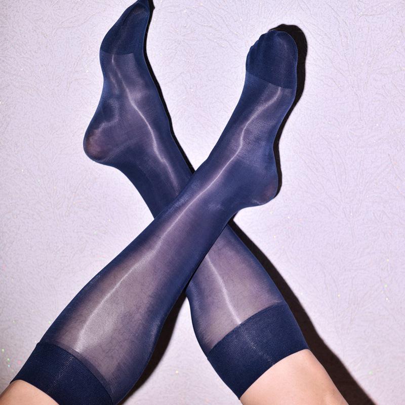 Men's Summer Nylon Glossy Black Formal Socks - Mid-Calf, Lightweight, Reflective Finish