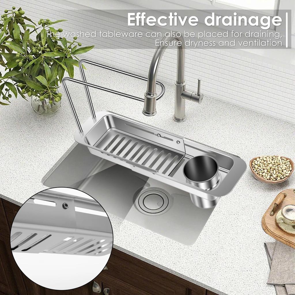 Telescopic Sink Storage Rack Stainless Steel Kitchen Dish Sponge Holder Towel Hanger Drain Basket Filter Bathroom Organizer