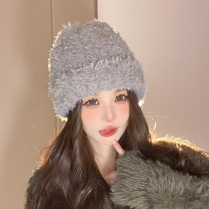 Plush Hat Women's 2023 New Knitted Wool Hat Autumn and Winter Big Head Circumference Showing Face Small Thickened Warm Ear Protection Cold Hat