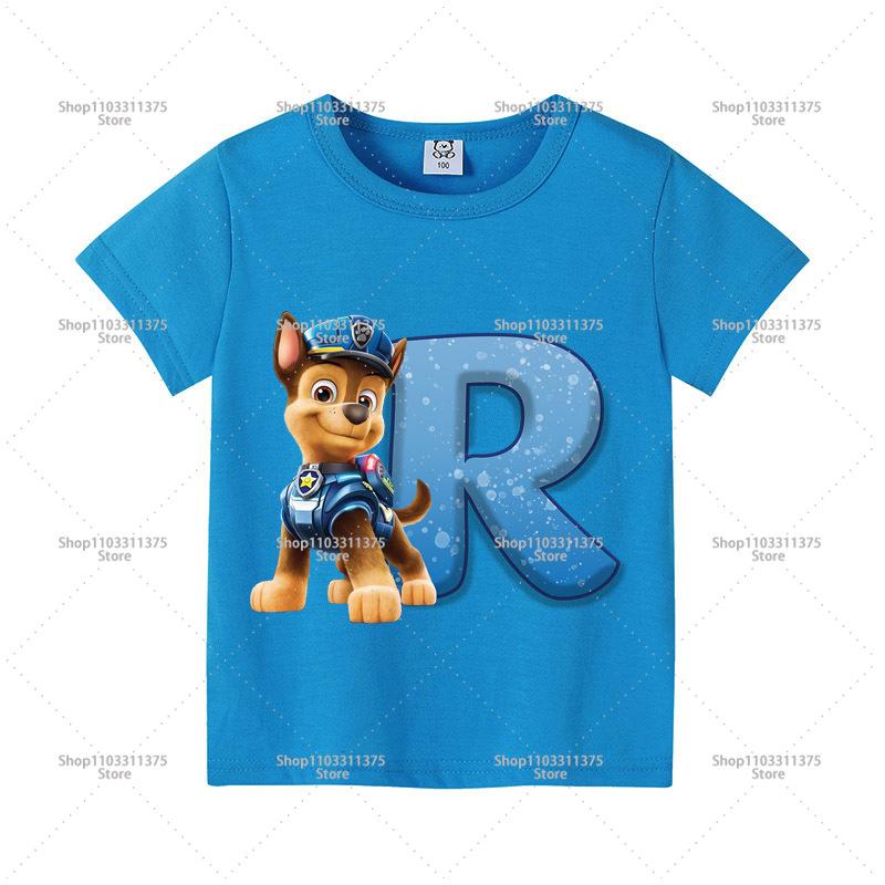 Cute PAW Patrol Blue T-shirt Boys Clothes Letter A-Z Printed Short Sleeve Cartoon Fashion Kids Birthday Toddler Cotton Tops Gift