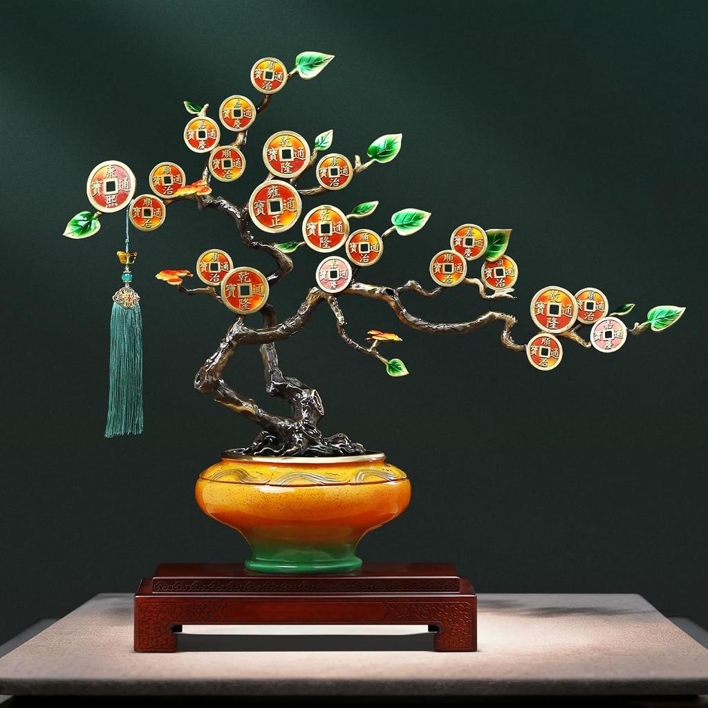 Aris & Juno Hand-Painted Copper Money Tree Sculpture, Traditional Chinese Wealth & Prosperity Symbol Statue, Feng Shui Office Desk Home Living Room