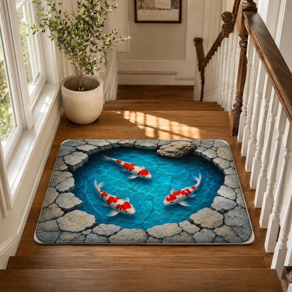 Mystic Koi Pond Floor Mat Flannel Rug Non Slip Absorbent Soft Washable for Entryway Hallway Bathroom Kitchen Decor