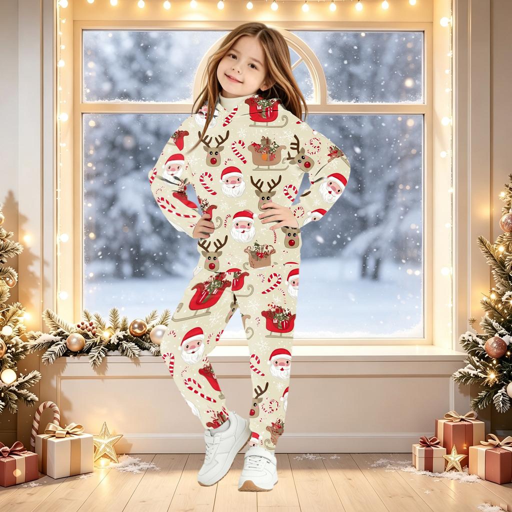 Kids Christmas Print Hooded Sweatshirt Set for Boys and Girls