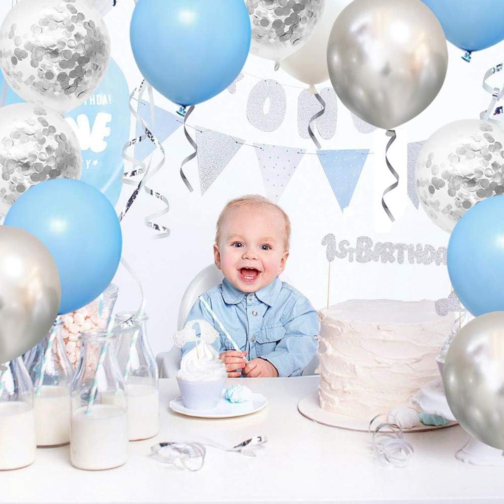 12inch-50pcs blue silver and white latex balloon set with confetti, suitable for weddings, birthdays, pop parties