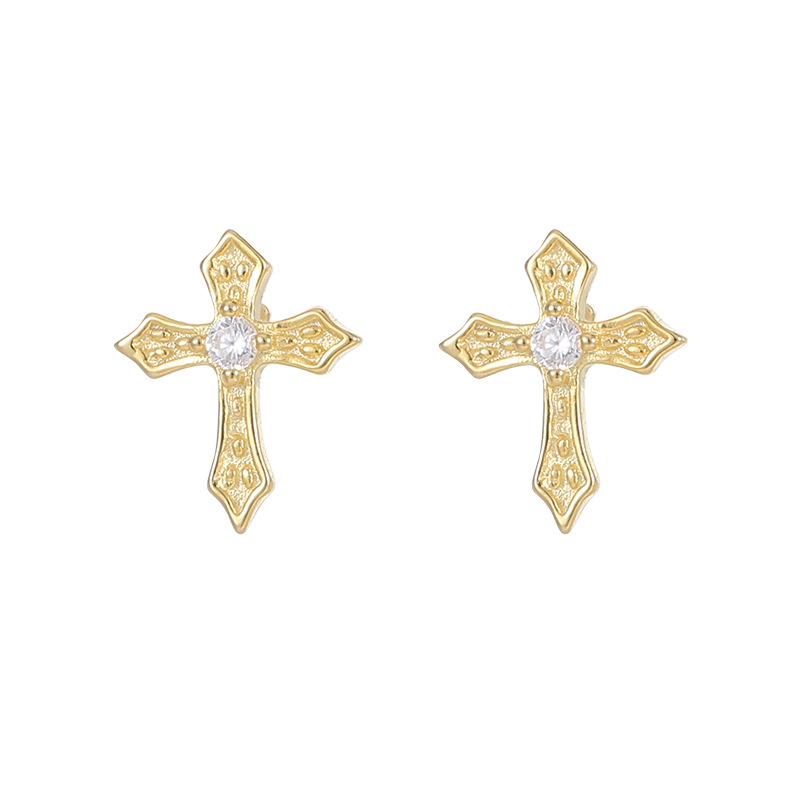 S925 Korean Silver Zircon Cross Earrings - Single Diamond, Personal and Simple Design
