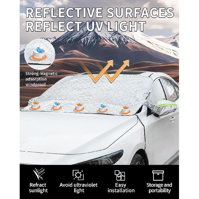 Windshield Snow Cover For Car, Heavy Duty Ice Shield With Magnetic Edges, Waterproof UV Block Sunshade For Winter Frost Protection, Fits Most Sedans