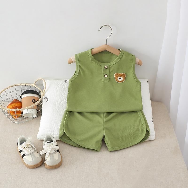 2Pcs/Set Boys Girls Sleevesless Clothes Suit Kids Bear Patch Thin Summer Outfits Solid Color Vest Top Shorts Children Set